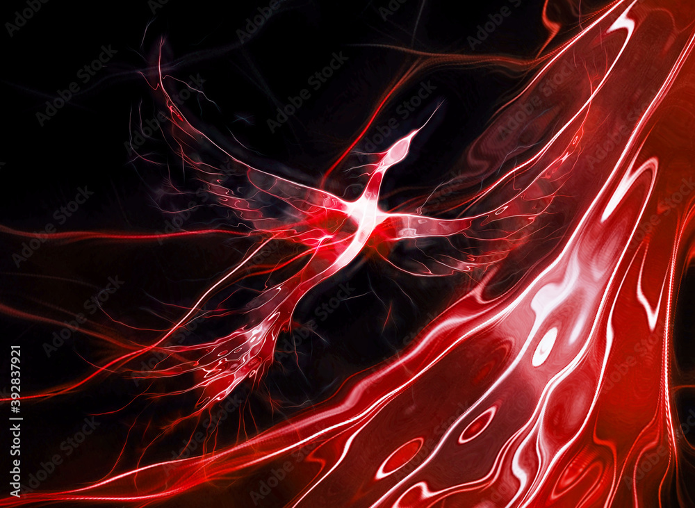 Poster flying phoenix bird as symbol of rebirth and new beginning.