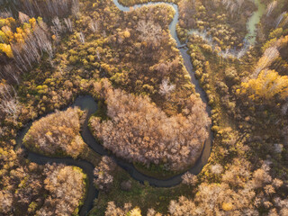 Aerial drone view of autumn landscape with river.