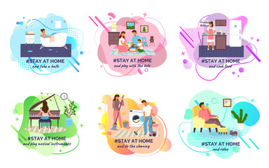 Set of hashtag images Stay home. People do different things while at home. Married couple cleaning apartment, girl taking bath, woman cooking in kitchen, girl playing the piano, playing with children
