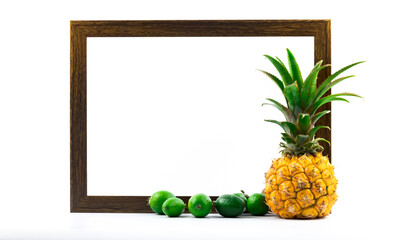 Exotic fruits frame template on white isolated background