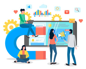 Attracting online customers. Big magnet and people with laptop around. Customer retention strategy, digital inbound marketing, customer attraction banner. Team work and discussion, project management