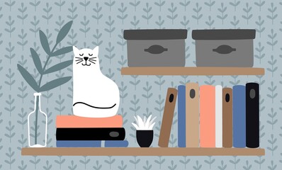 Cat on book shelf. Clever animal, pet and books. Reading cozy concept, home workplace vector illustration