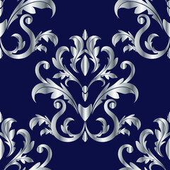 Silver seamless floral pattern  on a dark blue background