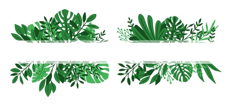 Tropical leaves banners. Green plants borders, exotic leaf decoration elements for invitation, wedding cards vector set