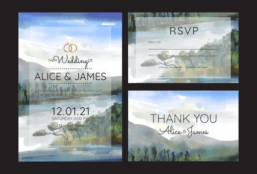 wedding invitations, watercolor mountains, forest and rivers.