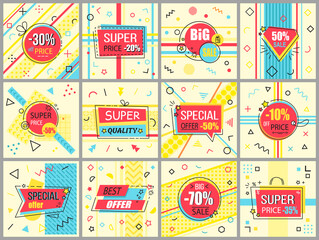 Set of big sale banners. Discount poster template. Big sale special offer. End of season special proposition banner vector flat style. Best price advertising poster with percent and colorful elements