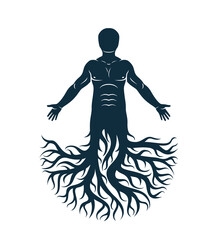 Vector artistic graphic illustration of muscular human, self. Strong roots as symbol of personality growth and development.