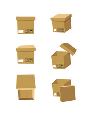 Carton Open and Closed Recycling Boxes Set. Cartoon Style Illustration Delivery Packaging. Flat Graphic Design Forwarding Clip Art. Vector Collection Mockup Isolated on White Background