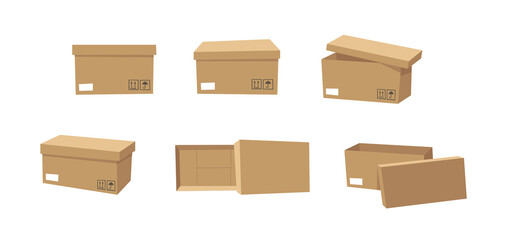 Carton Open and Closed Recycling Boxes Set. Cartoon Style Illustration Delivery Packaging. Flat Graphic Design Forwarding Clip Art. Vector Collection Mockup Isolated on White Background