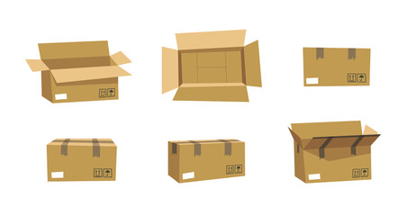 Carton Open and Closed Recycling Boxes Set. Cartoon Style Illustration Delivery Packaging. Flat Graphic Design Forwarding Clip Art. Vector Collection Mockup Isolated on White Background