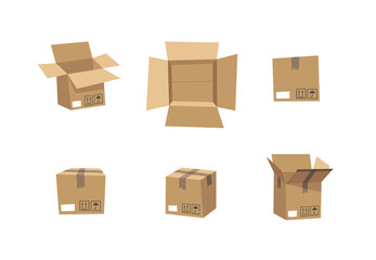 Carton Open and Closed Recycling Boxes Set. Cartoon Style Illustration Delivery Packaging. Flat Graphic Design Forwarding Clip Art. Vector Collection Mockup Isolated on White Background