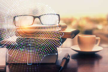 Brain drawings with glasses on the table background. Double exposure.