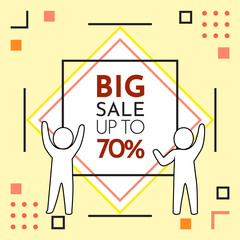 Big sale banner with people silhouettes standing near advertising poster with lettering up to 70 . Characters show their hands to the broadsheet, discount shopping time, new season sale illustration