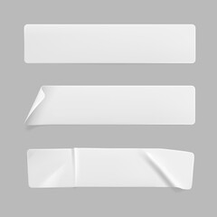 Crumpled white rectangle sticker label set isolated. Blank glued adhesive paper or plastic sticker with wrinkled effect and curled corners. Label tags template for door or wall. 3d realistic vector