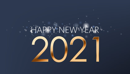 New year composition of golden numbers and silver sparkles on dark blue background. Realistic 3D mockup product placement