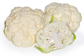 Half of cauliflower head against the two whole cauliflower