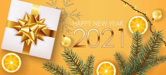 Fototapeta na wymiar New year composition of golden numbers with white gift box, pine twigs, slices of lemon, christmas balls, festive lights and silver snowflake in background. Realistic 3D mockup product placement