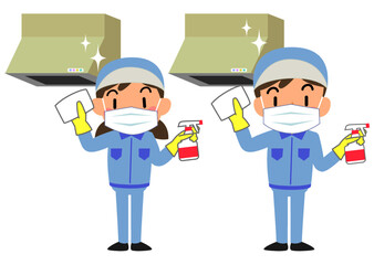 レンジフードの清掃をする清掃業者の男女
