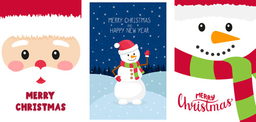 Set of new year, Christmas greeting cards with the words merry Christmas. Vertical greeting card templates in a flat style with elements and symbols of Christmas.