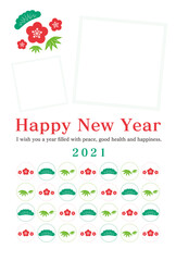 フレームがあるアイコン上の松竹梅を並べた年賀状＿縦＿文字あり