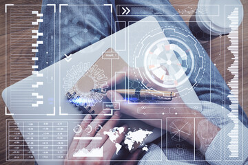 Writing human hands with data theme multi exposure icons.