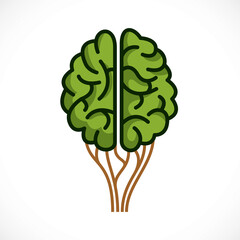Mental health and psychology concept, vector icon or logo design. Human anatomical brain in a shape of green healthy tree, growth and heyday of personality and individuality.