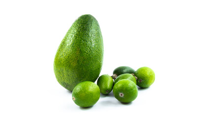 Beautiful photo of avocado and feijoa on white isolated background, templates and compositions, banner