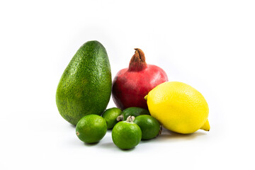 Exotic fruits, beautiful set or assorted, on a white isolated background, template for the site