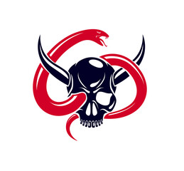 Horned skull with snake devil evil sign, vintage vector design of classic style crest, coat of arms, death and rebirth concept tattoo,
