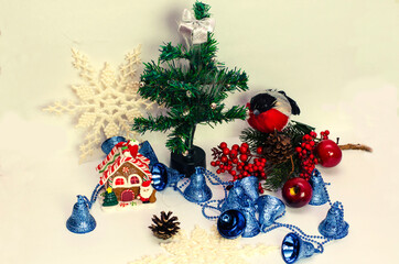 Christmas tree with gifts, Christmas house, bullfinch bird and Christmas decorations on white...