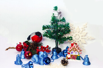 Christmas tree with gifts, Christmas house, bullfinch bird and Christmas decorations