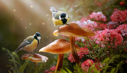 Fantasy Portrait Of two Tit Birds Sitting on Mushrooms in Magical enchanted Fairy Tale dreamy elf...