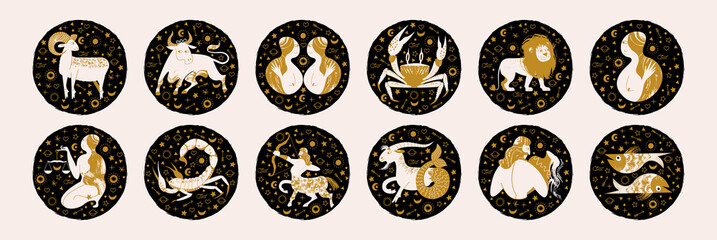 Zodiac sign. Vector emblems in a black circle. Zodiac signs Aries, Taurus, Gemini, Cancer, Leo, Virgo, Libra, Scorpio, Sagittarius, Capricorn, Aquarius, Pisces. - 392842948