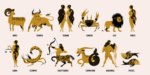 Collection of twelve Zodiac signs. Zodiac signs Aries, Taurus, Gemini, Cancer, Leo, Virgo, Libra, Scorpio, Sagittarius, Capricorn, Aquarius, Pisces.