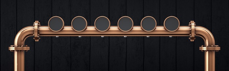 Six-way craft beer tap. Black wooden slats background.