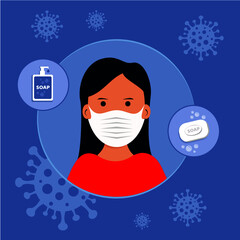 Vector patient with mask and soap for disinfection on blue background
