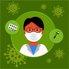 Vector doctor with mask and medication on green covid background