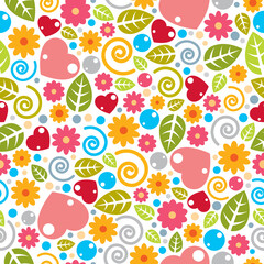 Childish textile vector seamless pattern with flowers and leaves, different colorful elements endless pattern background image.