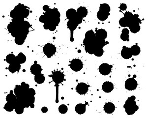 Creative isolated paint brush spots. Ink smudge abstract shape stains set with texture. Grunge design elements. Collection of different drops