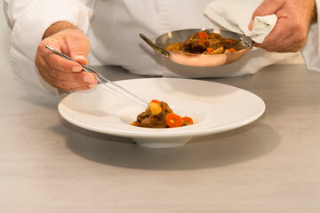 Select focus of a plate with beef stew being carefully arranged with pliers by a male chef