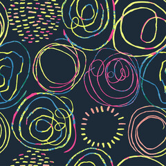 Vector modern seamless background with colorful hand drawn abstract round elements, doodles. Use it for wallpaper, textile print, pattern fills, web, texture, wrapping paper, design presentation