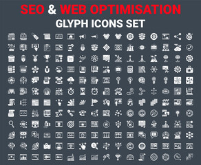 SEO Glyph Icons Set. Glyph Icons Set of Search Engine Optimization, Website and APP Design and Development. Simple Glyph Pictogram Pack. Logo Concept, Web Graphic. Vector icons. Editable Stroke.