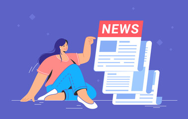 Breaking news notification of latest updates for world, entertainment and politics. Flat vector illustration of cute woman sitting alone near a big daily newspaper and reading hot news and stories