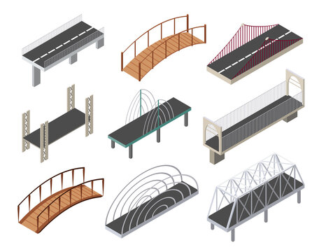 Vector isometric bridges icons set. 3d isolated drawing elements of a modern urban infrastructure for games or applications. City transport objects, road crossing, construction architecture