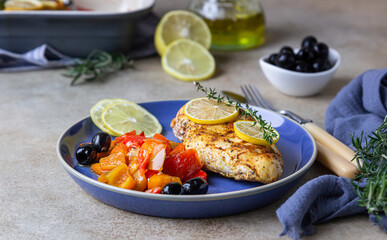 Oven baked or grilled chicken breast with baked bell pepper, lemon and olives, light background. Healthy food.
