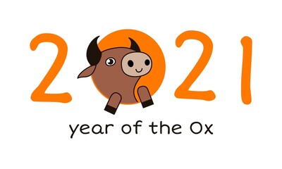 2021 new year greeting card with funny cute bull or cow. The year of the ox. 