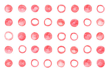 Seamless hand drawn watercolor pattern made of round red dots, isolated over white. 