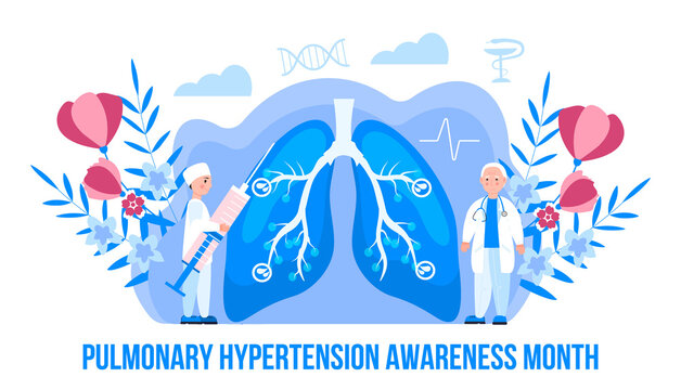 Pulmonary Hypertension awareness month is celebrated in November. Pulmonary fibrosis, tuberculosis illustration for website, app, banner. Tiny doctors treat