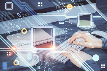 Double exposure of tech drawings with hands working on computer background. Concept of innovation.