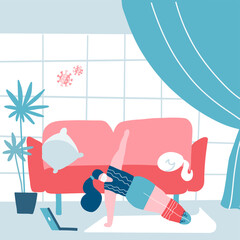 COVID-19 virus outbreak. People are quarantined at home to prevent spread of infection. Masked woman practices yoga at home. Coronavirus outside. Keep calm during quarantine. Flat  illustration